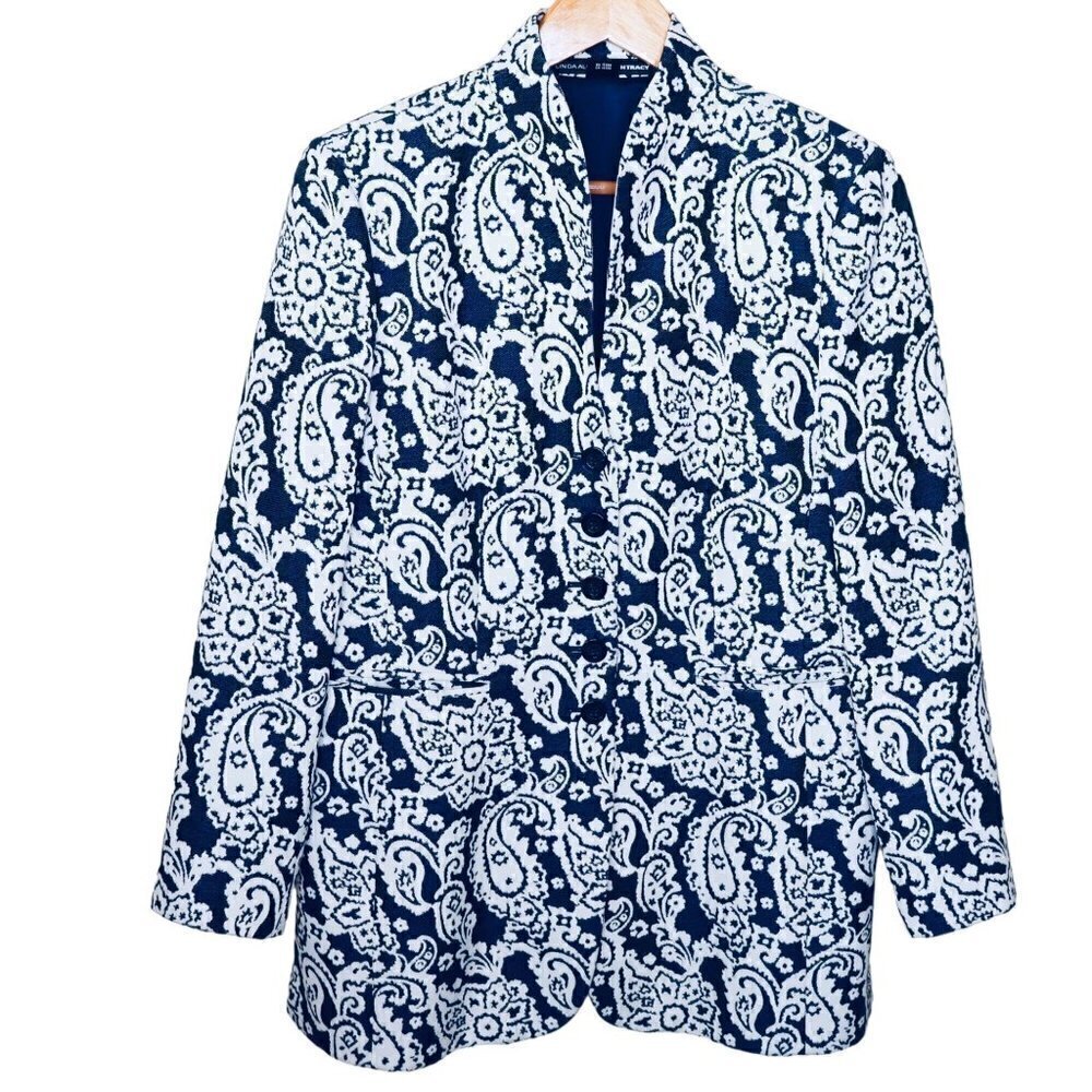 Ellen Tracy x Linda Allard Blazer Size 12 Tapastry Blue White Paisley Jacket - Picture 2 of 10